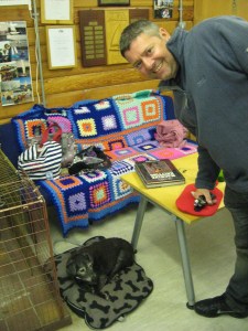 The dog looking extra cute - she's still angling for a sausage